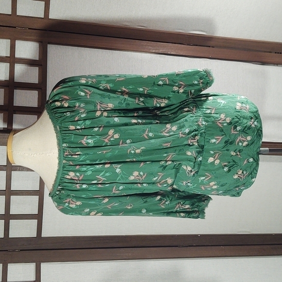 Rebecca Taylor Green Floral Silk Blouse Sz 8 - Picture 6 of 11